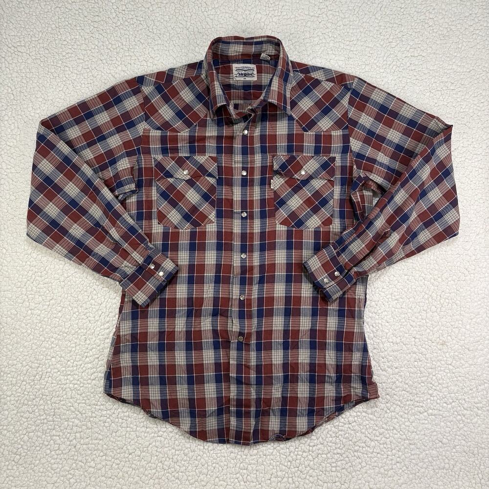 Vintage Levi Strauss & Co Western Pearl Snap Shirt Mens Size M Red Blue Plaid